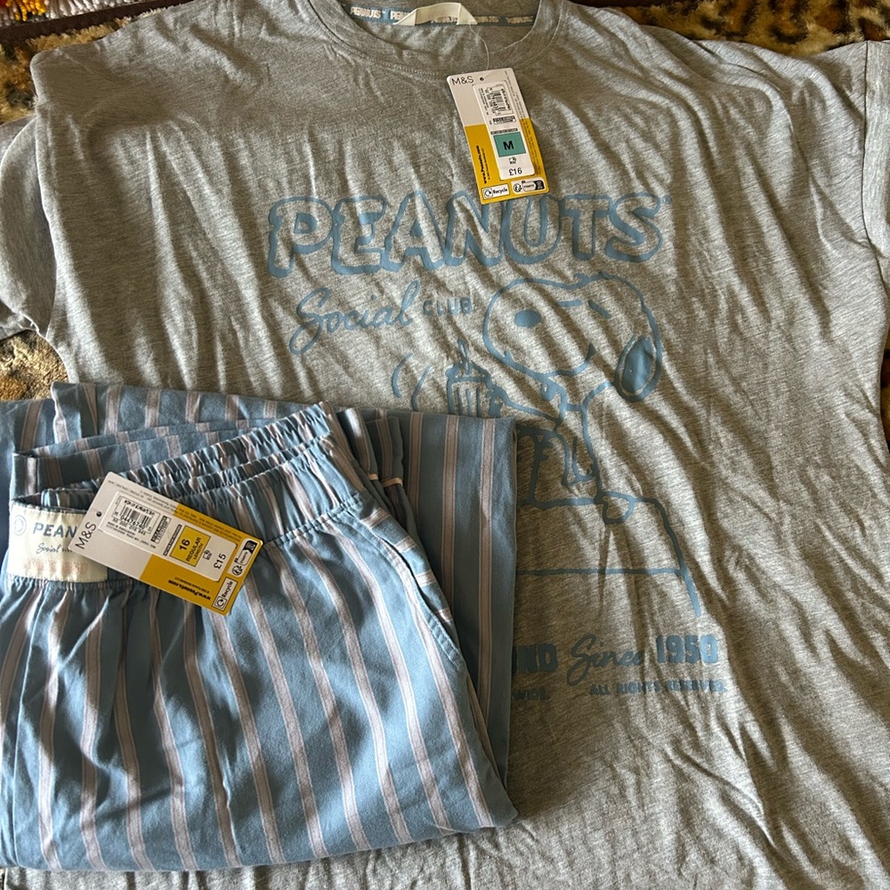 Marks & Spencer Peanuts Snoopy Pajama Set - Gray and Blue